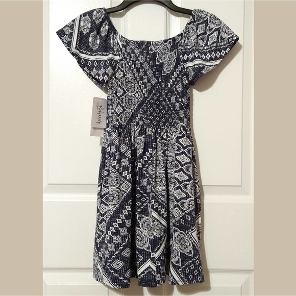 Speechless Girls Boho Navy & White Flutter Sleeve Smocked Dress, Size 8, New - Picture 4 of 6